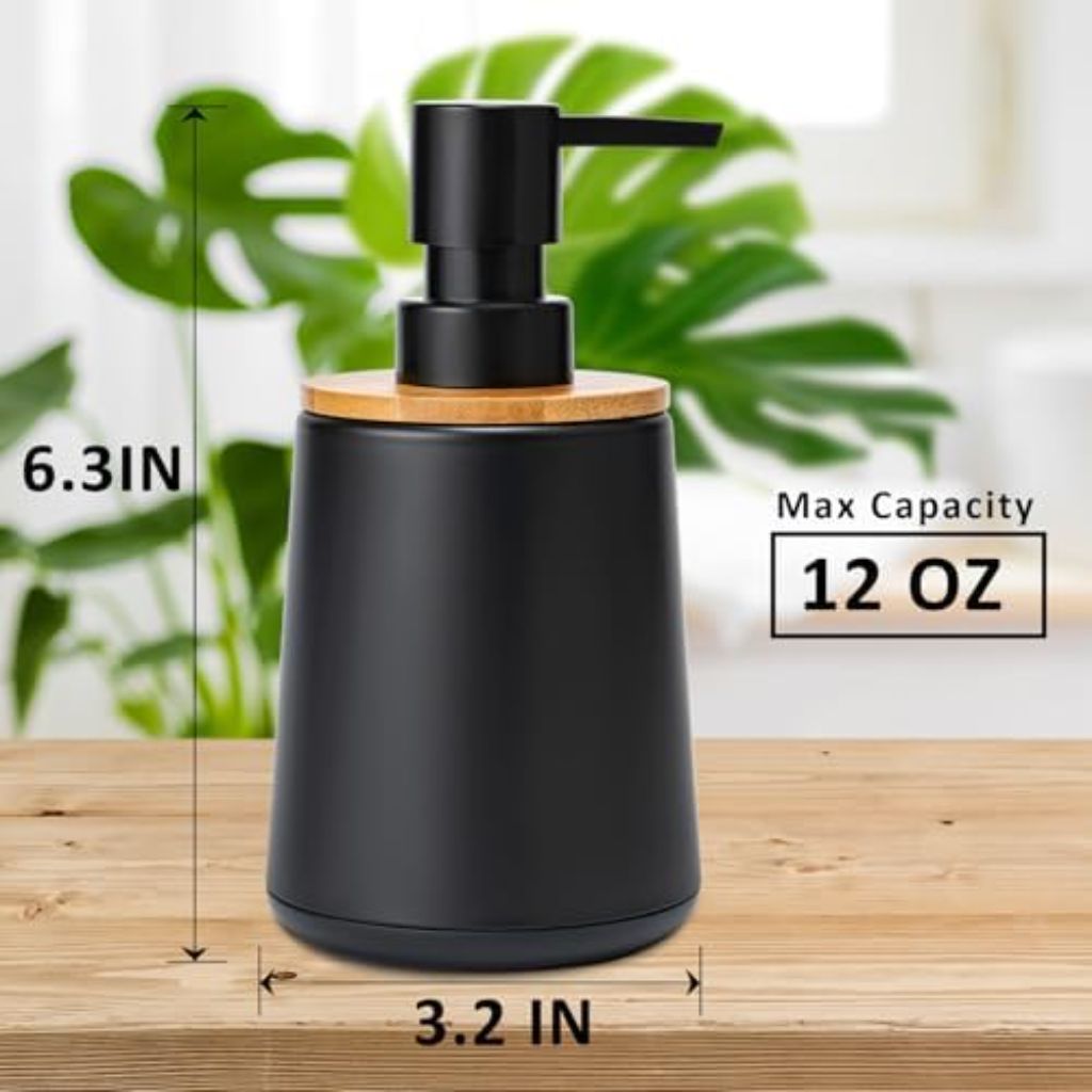 TOOZFO Soap Dispenser Plastic Bamboo with Pump Liquid Hand Lotion Dispenser for Shampoo Bathroom Kitchen 12 oz Black 2 Pack