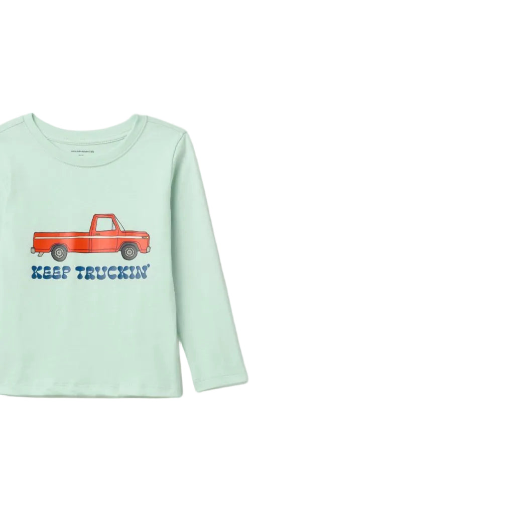 Amazon Essentials Boys' Long-Sleeve Cotton T-Shirts, Pale Mint Green Truck, Large