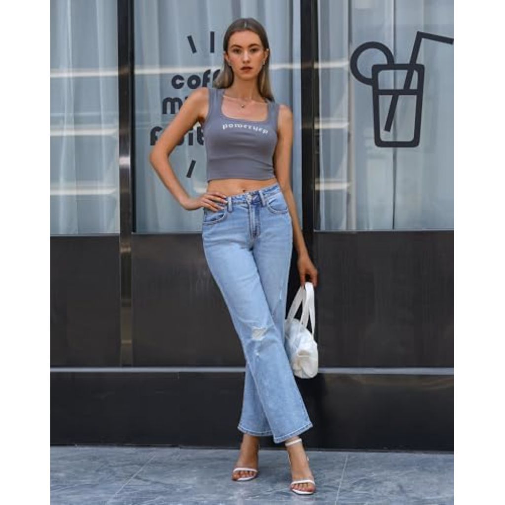 OFLUCK Women's Wide Leg Jeans Mid High Waisted Boyfriend Jeans Straight Leg Loose Fit Denim Pants