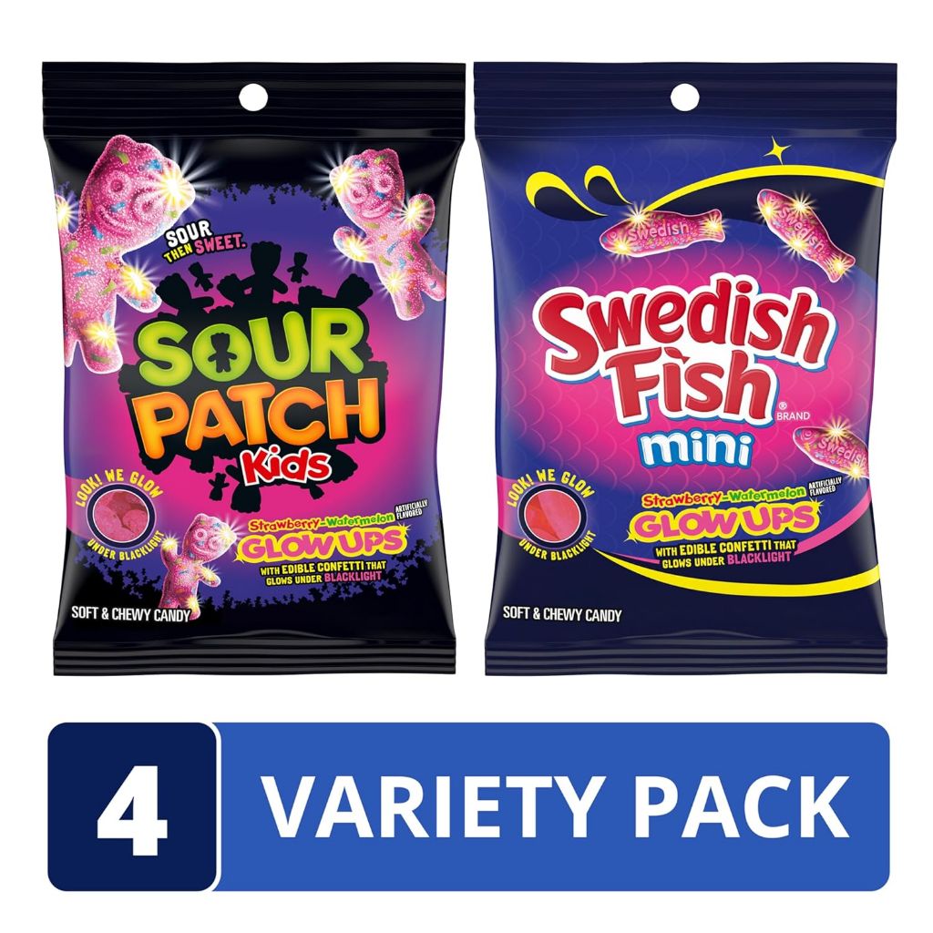 SOUR PATCH KIDS and SWEDISH FISH Mini Glow Ups Strawberry-Watermelon Soft & Chewy Candy Variety Pack, Bulk Candy, 4-6.7 oz Bags