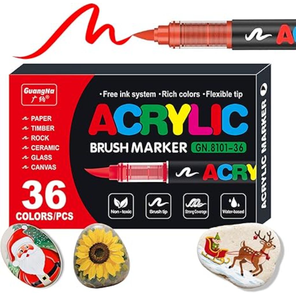 36 Color Acrylic Paint Pens, Soft Brush Tip Acrylic Paint Markers,Quick-Drying Waterproof Acrylic Markers for Canvas, Rock Painting, Wood, Stone, Glass, Ceramic, Fabric Painting, DIY Crafts