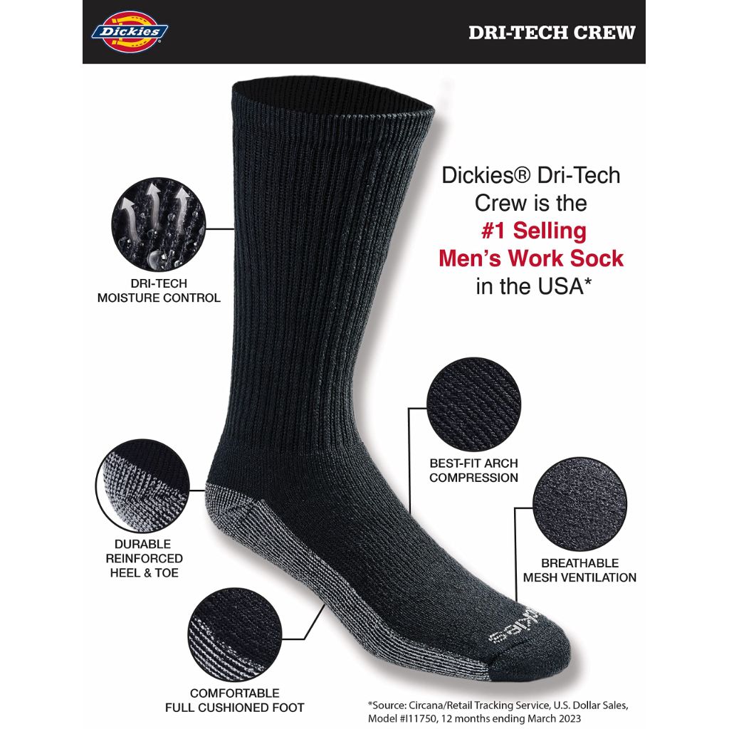 Dickies Men's Dri-Tech Original Moisture Control Crew Socks, Available in M-XXL (6, 12, 18 Pairs), Black (12 Pairs), Large