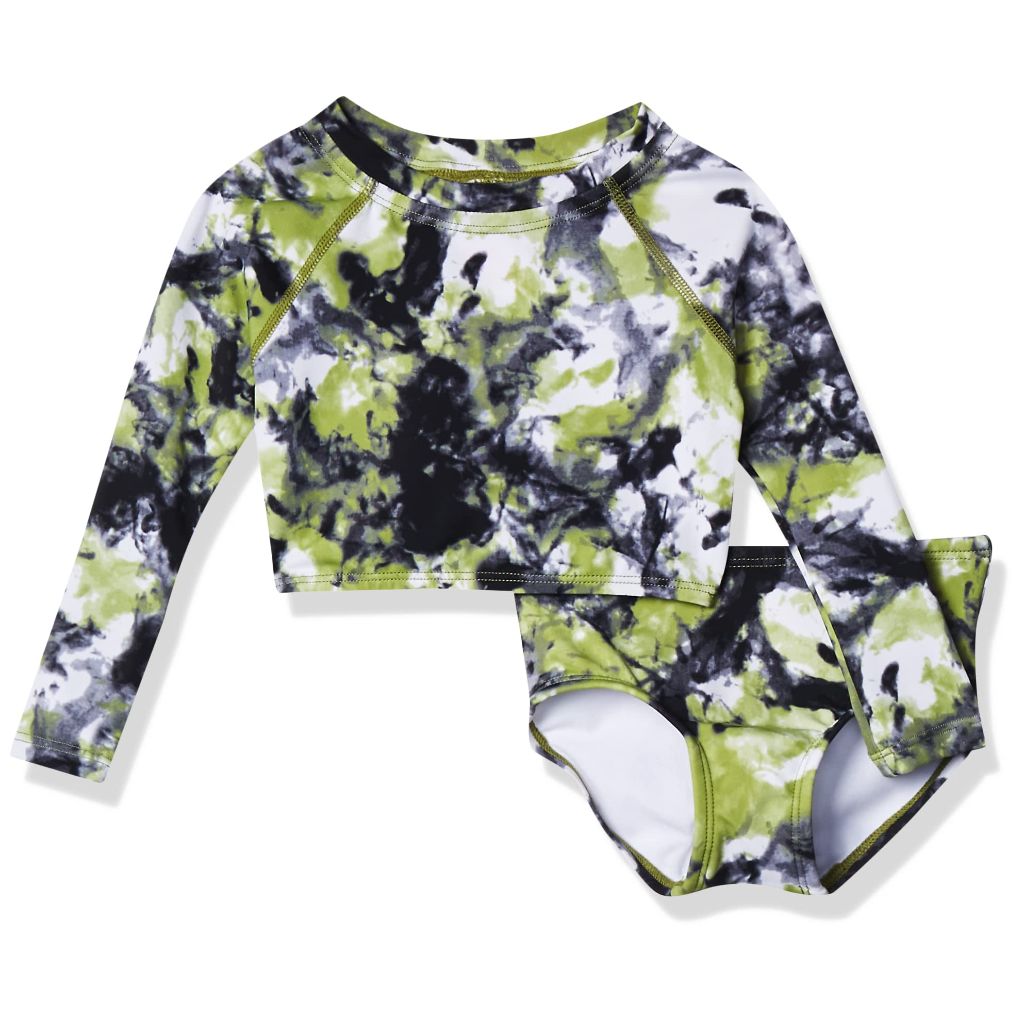 SZ 6 Kanu Surf Girls' Long Sleeve Rashguard UPF 50+ Two Piece Swim Set, Seafoam Crop Black