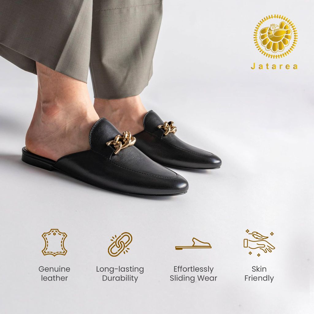 SZ 7M, JATAREA Women's Flat Mules | Round Toe Leather Slip-Ons for Any Summer Outing - BORNALI Black