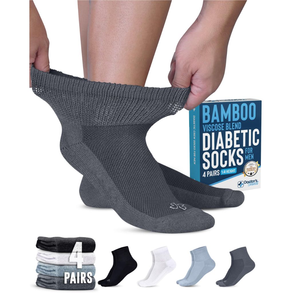 Doctor's Select Mens Diabetic Socks, 4 Pairs - Black, White, Light Gray, Gray - Crew Length - Moisture Management - Large