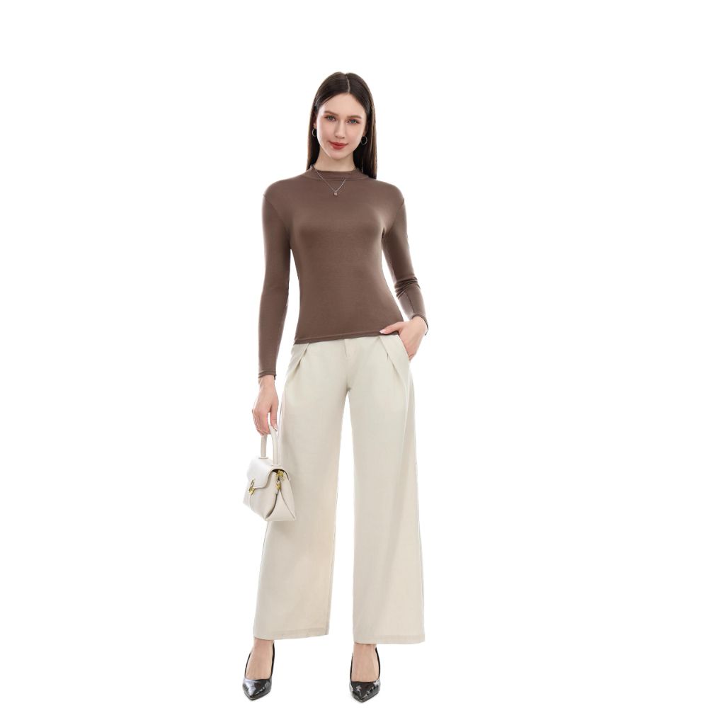 VELNIA Women's Thermal Shirt Mock Neck Long Sleeve Undershirt, Brown, Medium