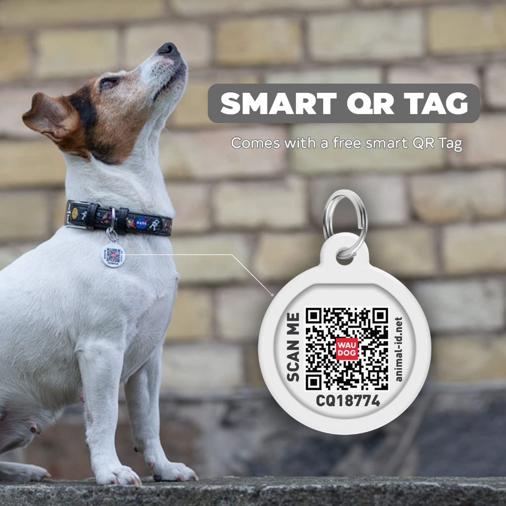 SZ OSFA WAUDOG Leather Dog Collar with NASA Design - Heavy Duty Dog Collars with Durable Metal Buckle and QR Dog Tag