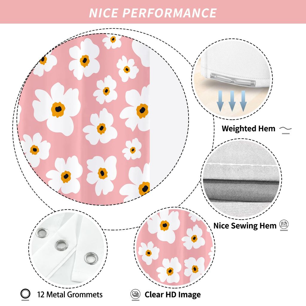 Boho Pink Retro Floral Shower Curtain for Bathroom 72W*72H Inch
