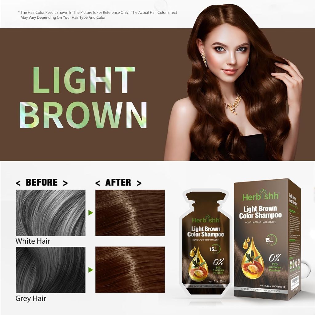 Herbishh Light Brown Hair Shampoo, Hair Color for Gray Coverage, 3 in 1 Hair Dye Shampoo - 30mlx10p