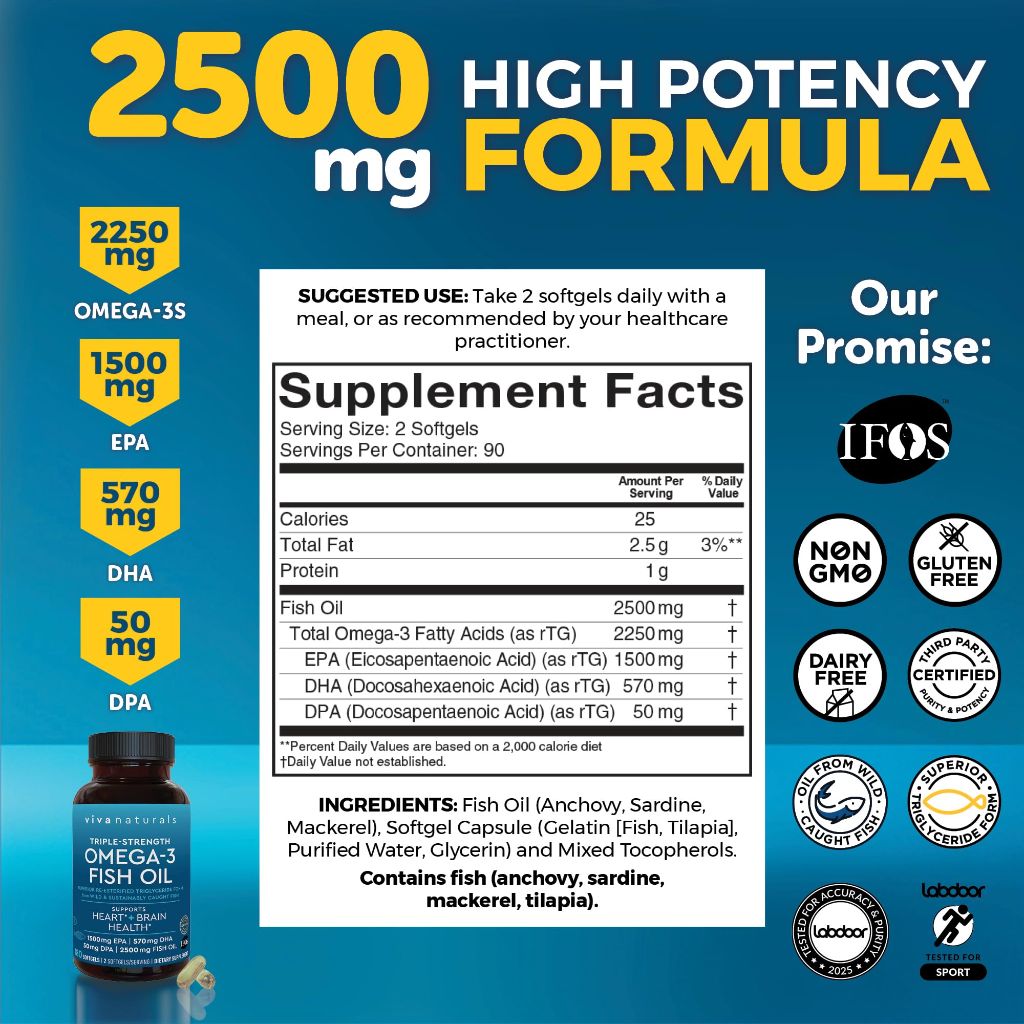 Triple Strength Fish Oil Omega 3 Supplements for Women and Men, 2500 mg High-Potency - 180 Softgels
