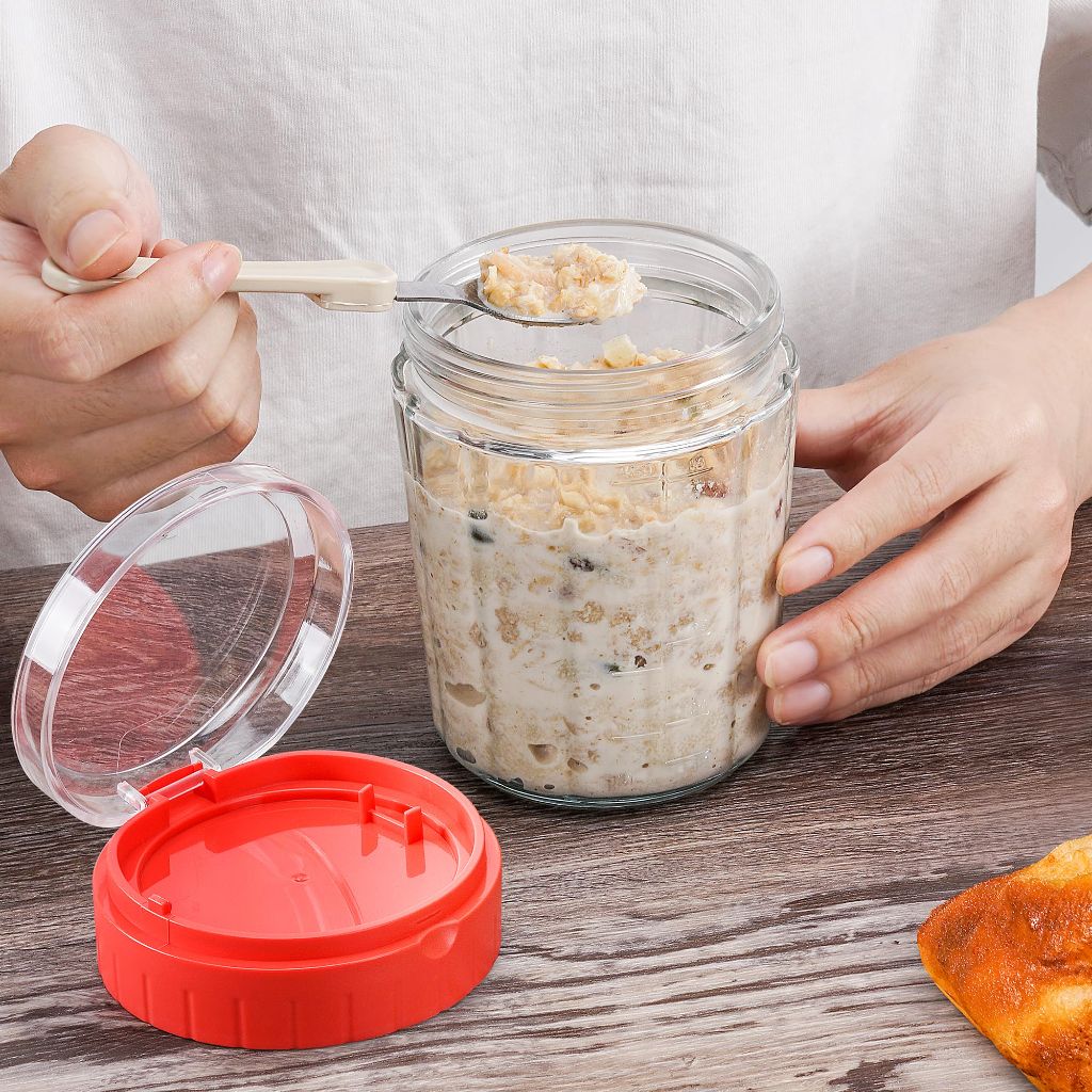 EONJOE Overnight Oats Containers with Lid and Spoon - 16oz Glass Mason Jars for Meal Prep, Yogurt,Pudding- Set of 4