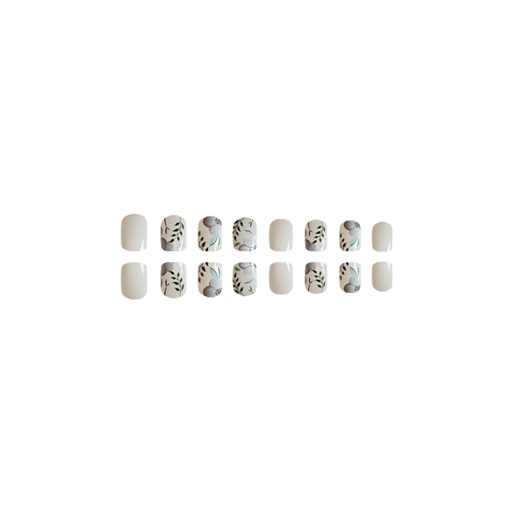 SWEKKE Short Square Press-on Nails White Full Cover Flower False Nails with Green Leaves Designs 24Pcs