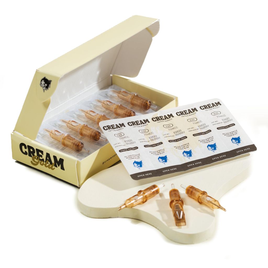 Cream Tattoo Supply Gold Cartridges, 20pcs Japanese Steel Tattoo Needle Cartridges, Narrow Mag Housings for Tight Spaces (15 Magnum - 1215 M)
