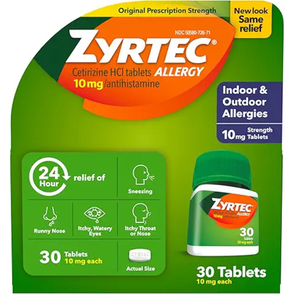 Zyrtec 24 Hour Allergy Relief Tablets, 10 mg Cetirizine HCl Antihistamine Allergy Medicine, 30 ct