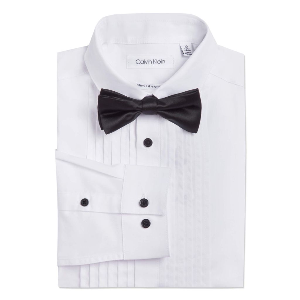 Calvin Klein Boys' Tuxedo Dress Shirt with Bow Tie, White, SZ 8