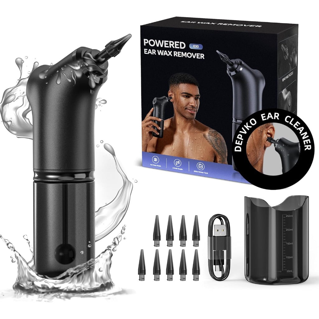 Electric Water-Powered Ear Washer & Wax Remover w/9 Reusable Replacement Tips, USB Rechargeable, Triple Jet Stream, 4 Pressure Modes