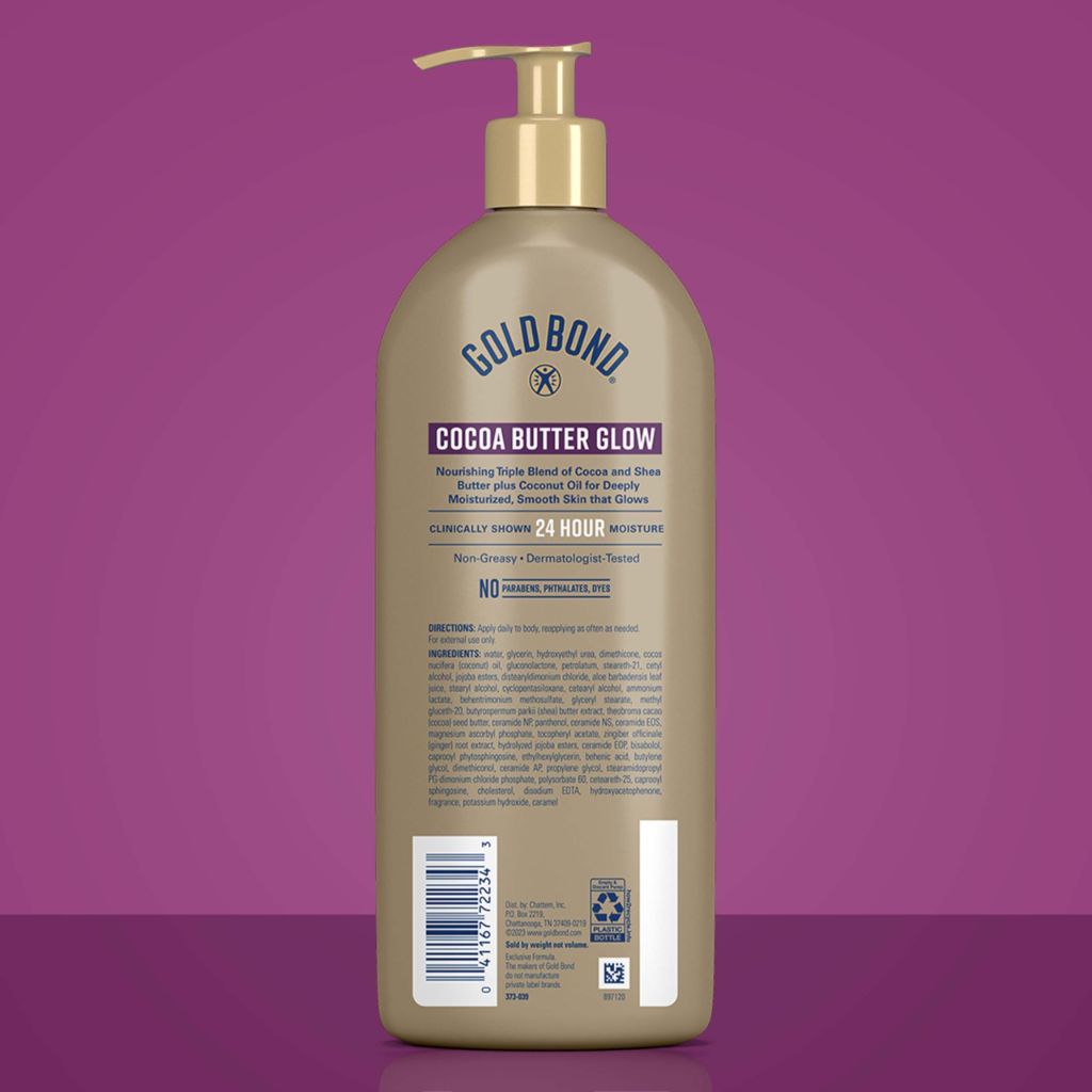 Gold Bond Cocoa Butter Glow Daily Hydrating Lotion with Cocoa Shea Butter & Coconut Oil, Exfoliating and Moisturizing Lotion for Dry Skin, 24 oz