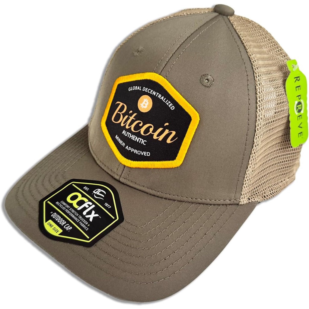 Bitcoin Adjustable Baseball Cap - Olive Green with Khaki Beige Mesh Back