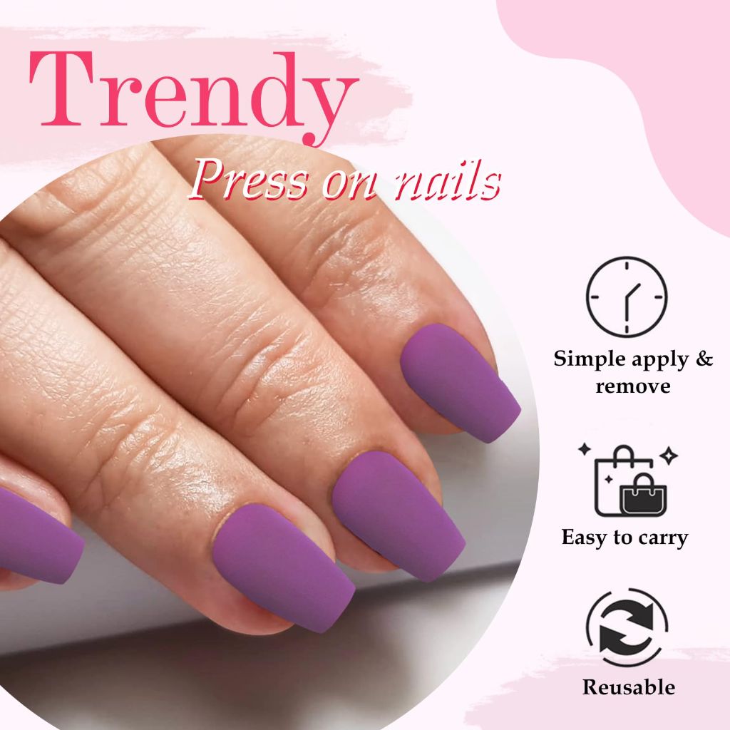 AddFavor 120pc Press on Nails Short/ Medium Coffin Matte Purple for Women and Girls