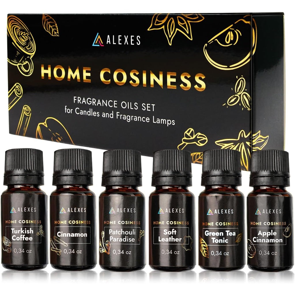 Scented Oil Gift Set of 6, 10mL Scented Oils - Apple Cinnamon, Turkish Coffee, Patchouli Paradise, Soft Leather, Cinnamon, Green Tea Tonic