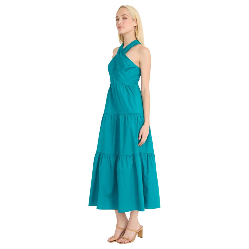 Donna Morgan Women's Halter Neck Tiered Midi Summer Empire Waist Maxi Dress, Blue Grass - 8