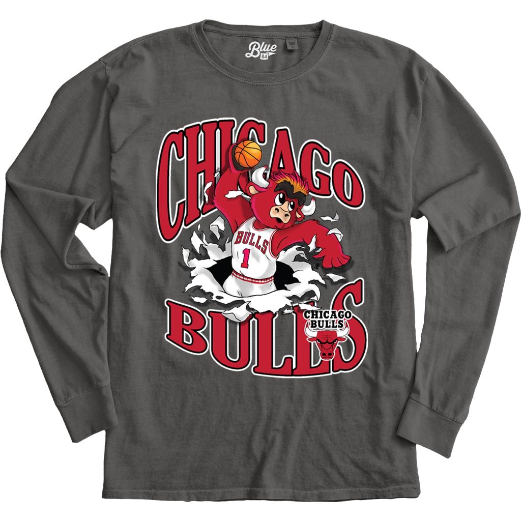 Chicago Bulls NBA Officially Licensed Long Sleeve T-Shirt Ringspun Slam Mascot Black, Medium