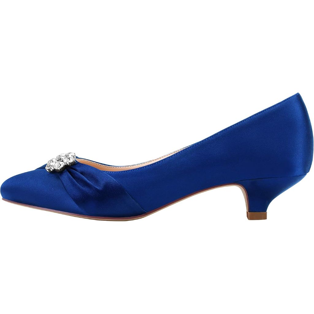 ERIJUNOR Women's Closed Toe Comfort Kitten Heels - Satin Blue w/Rhinestones, Size 9.5