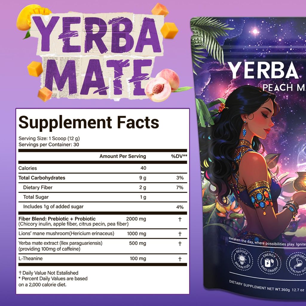 Yerba Mate Instant Tea Powder - Peach & mango flavored energy drink 12.7oz