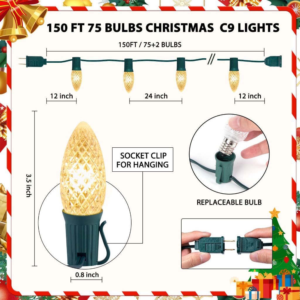 Minetom C9 Outdoor LED Christmas Lights, Waterproof. Connectable, UL Certified - Warm White (75ct.) 150ft.