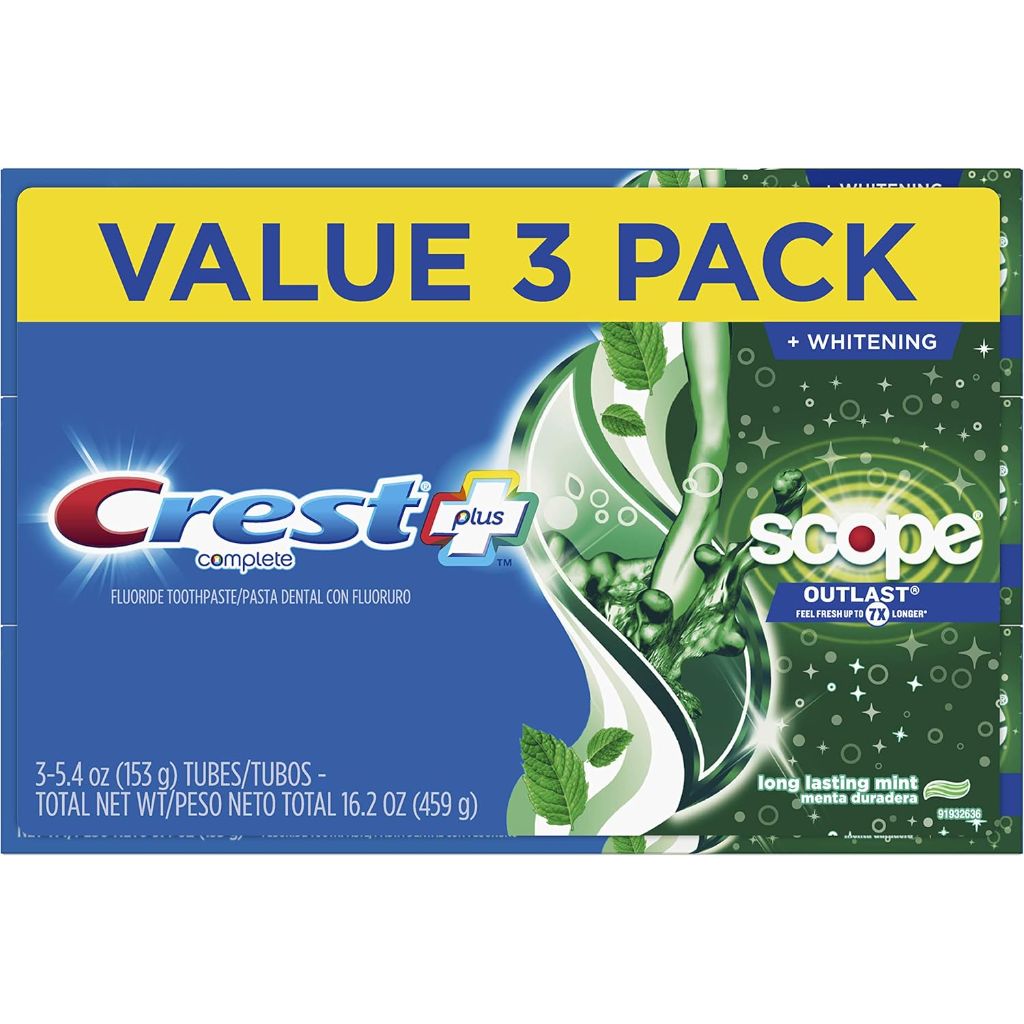 Crest Plus Scope Outlast Complete Whitening Toothpaste, Mint, 5.4 Ounce, 3 Count