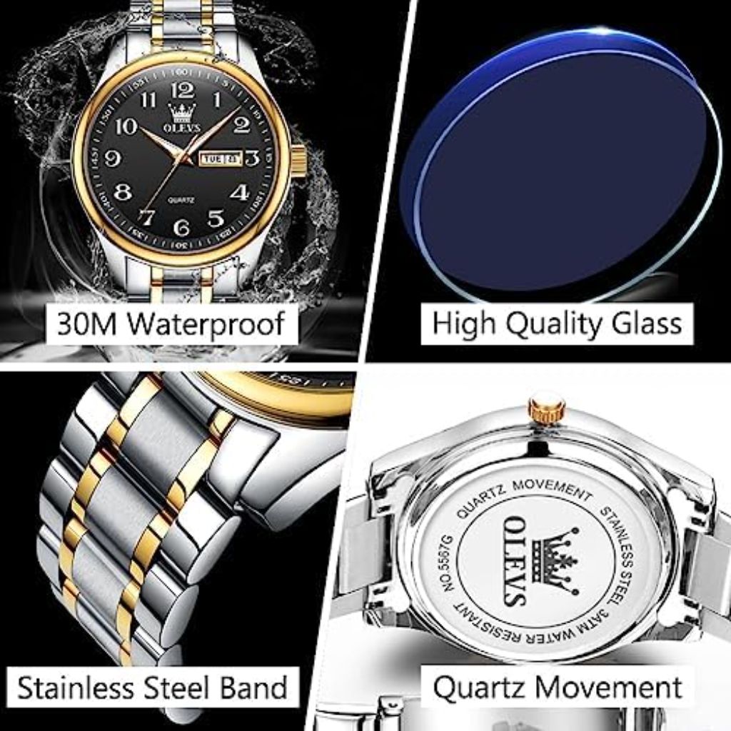 Men's Casual Stainless Steel Watch,  Gold Silver Black Band