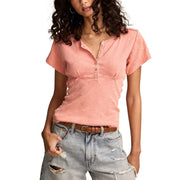 Lucky Brand Crochet Trim Short Sleeve Henley Coral Almond