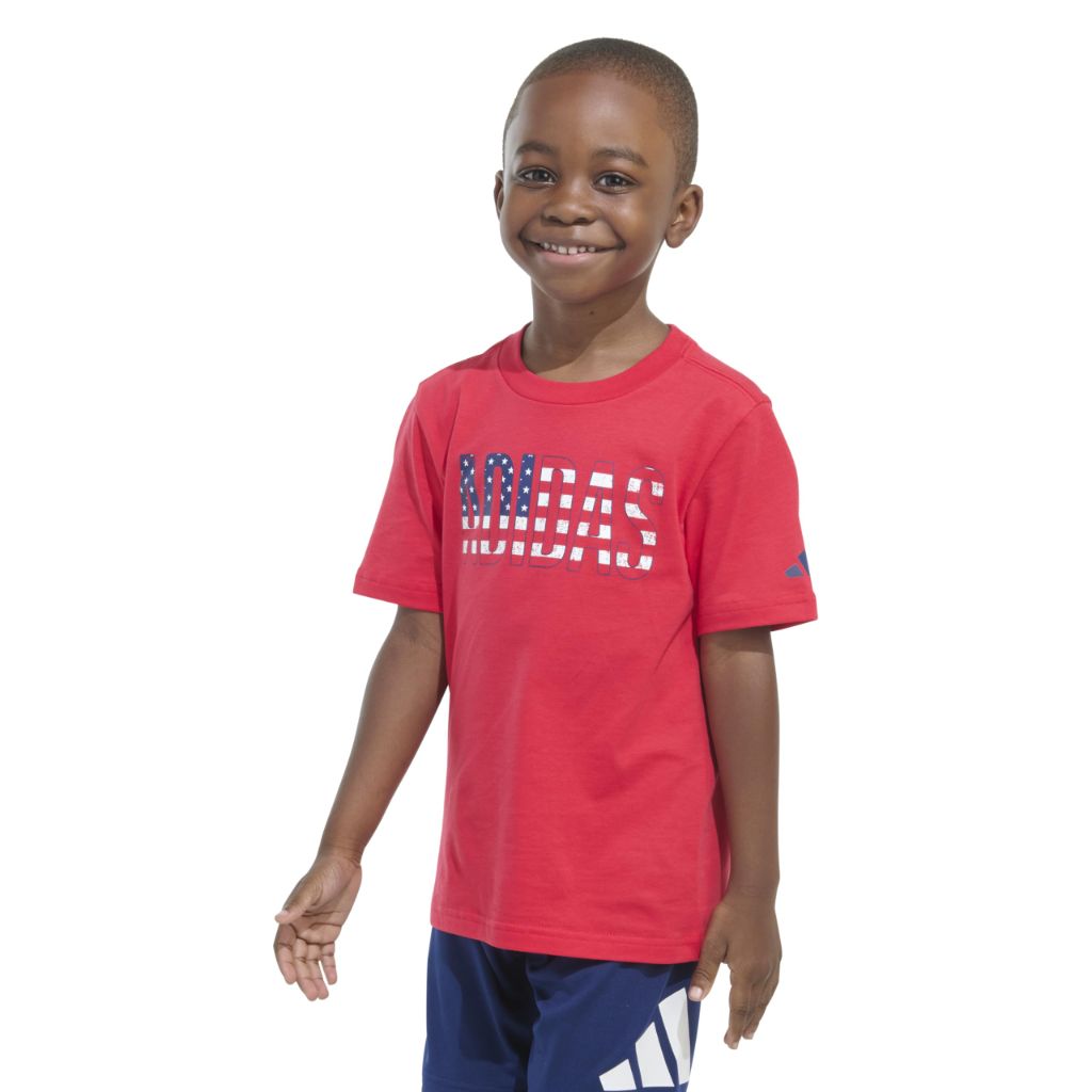 Adidas Boys' Short Sleeve Graphic Tee Shirt, Red/Navy, 2T