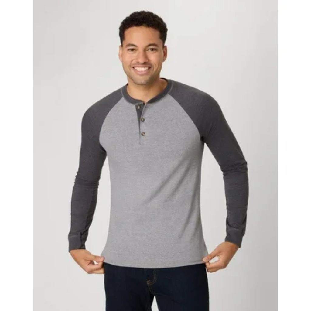 Hanes Beefy-T Men's Colorblock Long Sleeve Henley Shirt - Oxford Gray/Slate Heather, Size Small