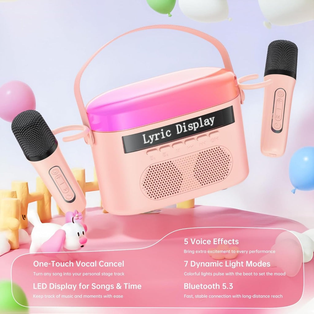 Karaoke Machine with Lyrics Display Screen, Bluetooth - Pink