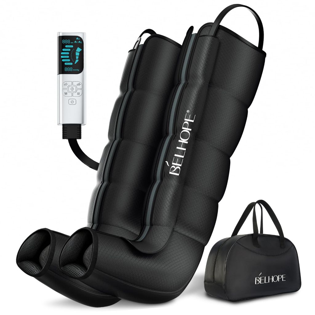 Belhope Leg Massager for Circulation and Pain Relief,Full Leg Massage 5-Zone for Varicose Veins, 3 Timers,12 Intensity,6 Modes,Air Compression Boots Recovery Calf Thigh Foot Massage for Athletes,Black