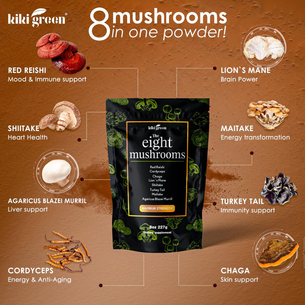 KIKI Green 8 Mushrooms Powder Extract - Supplement Blend 8 oz