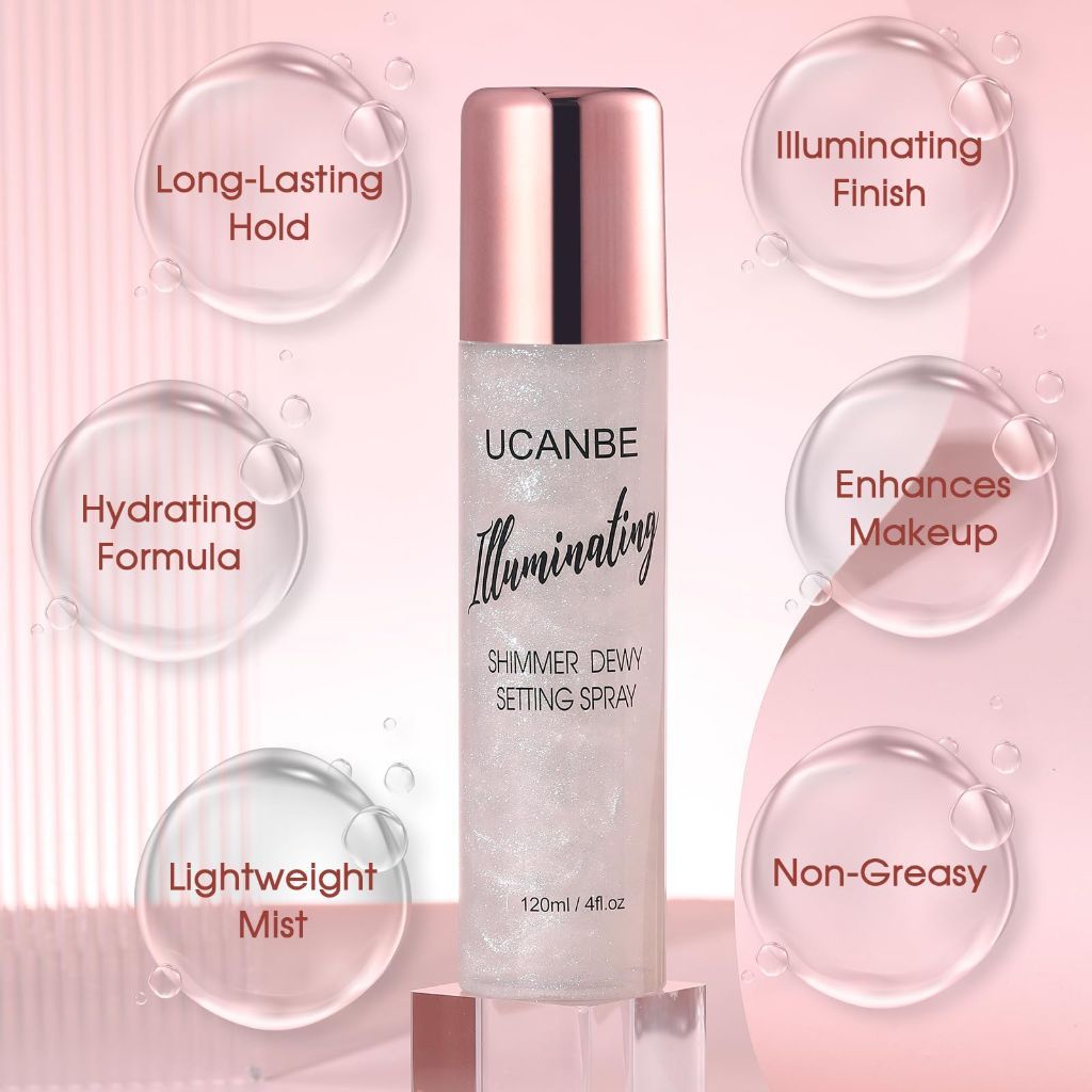UCANBE Shimmer Dewy Setting Spray Glowing + Makeup Setting Spray, 4 Fl Oz #Silver