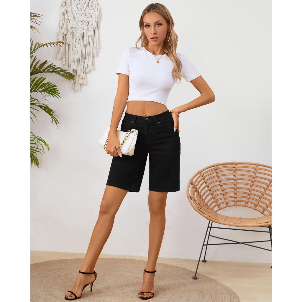 OFLUCK Bermuda Shorts for Women Mid Waisted, Black, Size 8