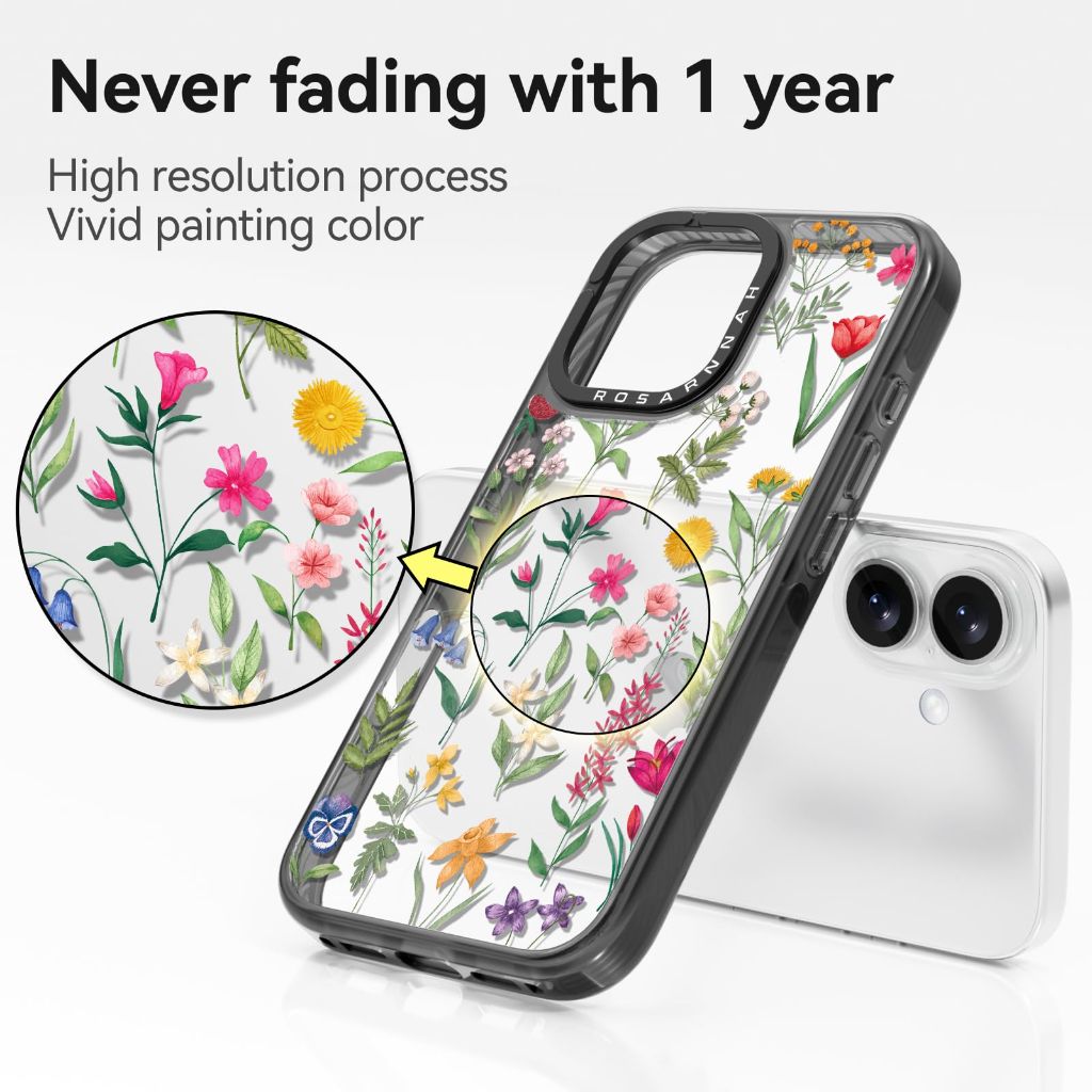 Rosarnnah Compatible for iPhone 16 Case Cute - Durable Shockproof 6.6 ft Drop - Black Nature Flower Design