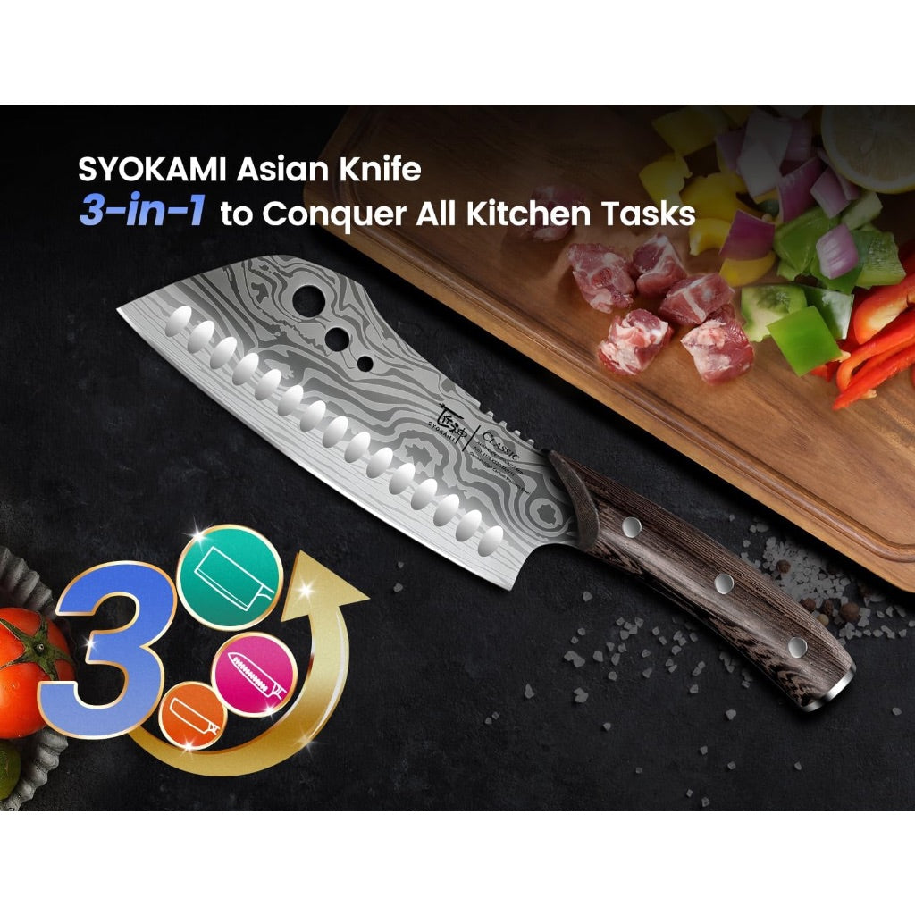 Syokami Cleaver Chef Knife with Herb Stripper, 7" Asian Kitchen Knife