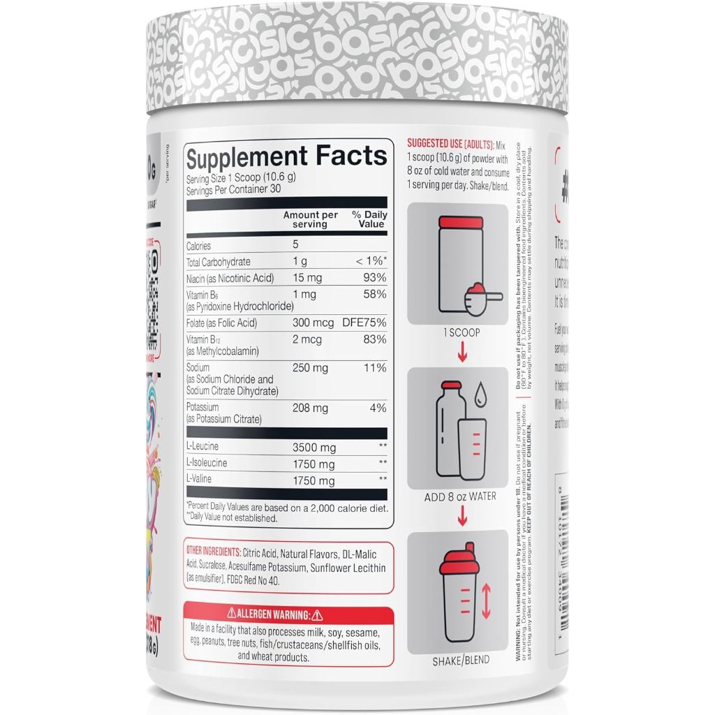 BCAA Powder, Instantized Formula with 7g BCAAs, 2:1:1 Ratio, 450mg of Electrolytes, Sugar-Free, Vegan, Gluten-Free, Supports Muscle Recovery