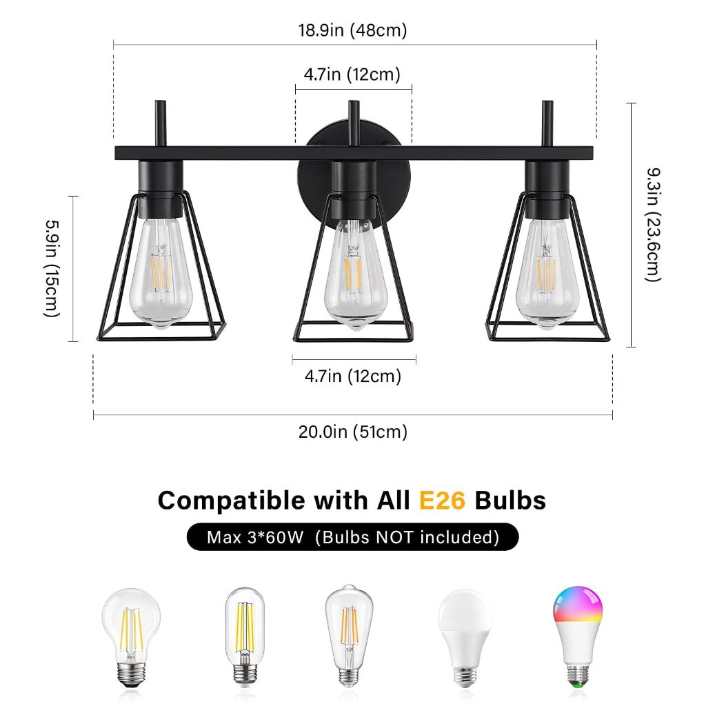 FonmYim Farmhouse Bathroom Vanity Light Fixture, Matte Black 3-Light Wall Sconce with Metal Cage (Bulbs Not Included)