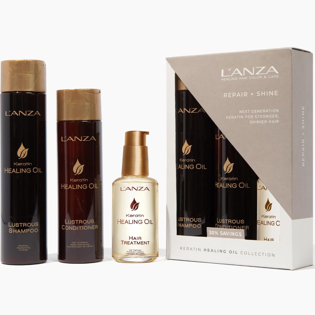 L'ANZA Keratin Healing Oil Trio Hair Kit, Lustrous Keratin Shampoo, Conditioner & Keratin Hair Treatment (10/8.5/3.4 Fl Oz)