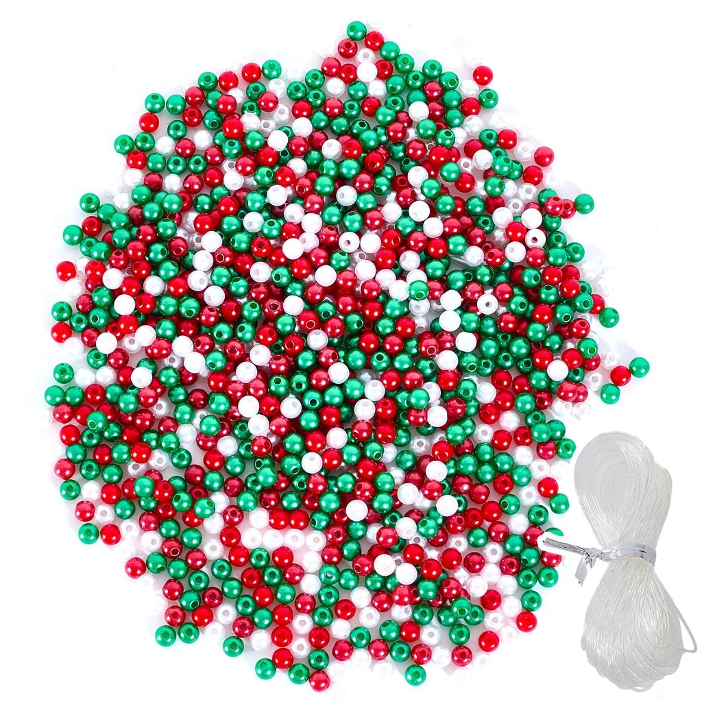 1200pcs 6mm Pearl Beads, Red Green White Christmas Round Spacer Beads with 10M Elastic Cord for Jewelry Making, Xmas Ornaments & DIY Crafts (Red Green White)