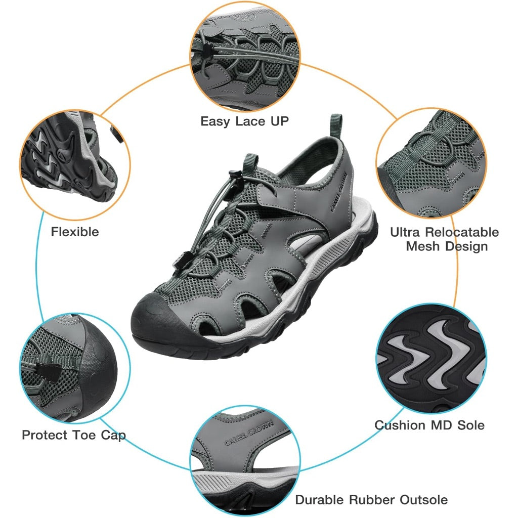 Camel Crown Men's Anti-Slip Hiking Sandals - Gray, Size 10
