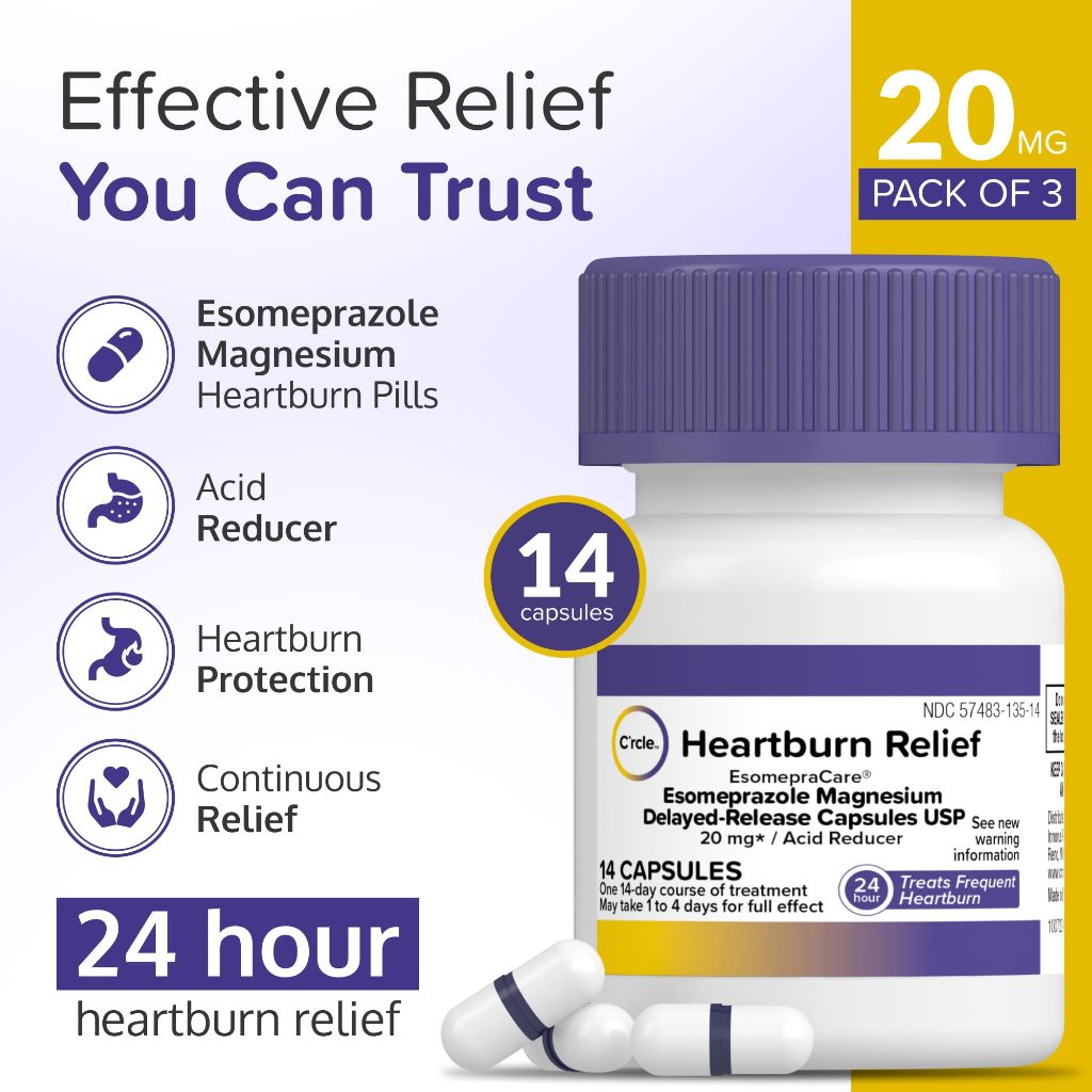 Esomeprazole Magnesium 20mg Capsules - Heartburn Medicine - 24 Hour Acid Reducer - Six 14 Ct Bottles