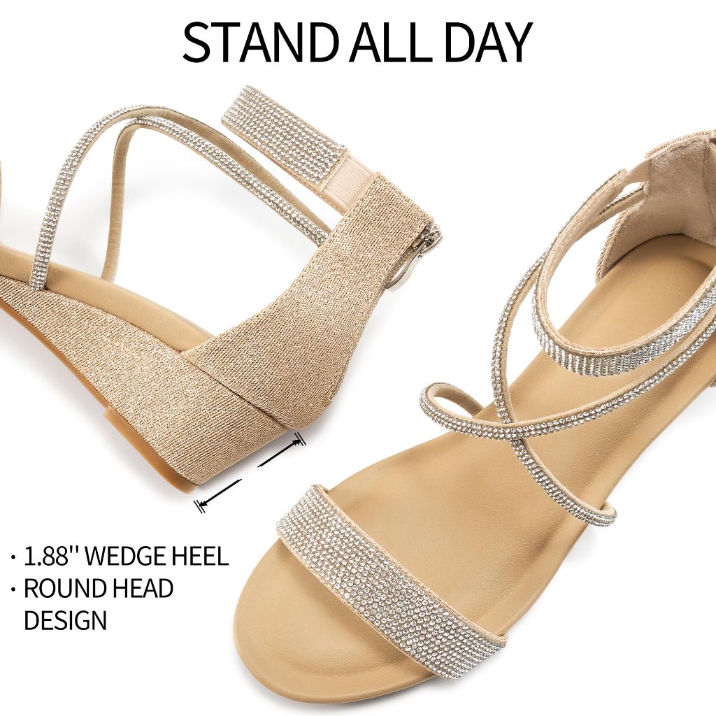 HARENCE Wedge Sandals for Women Dressy: Comfortble Ankle Strap Zipper Low Heels Shoes Fashion Sparkly Summer Sandals