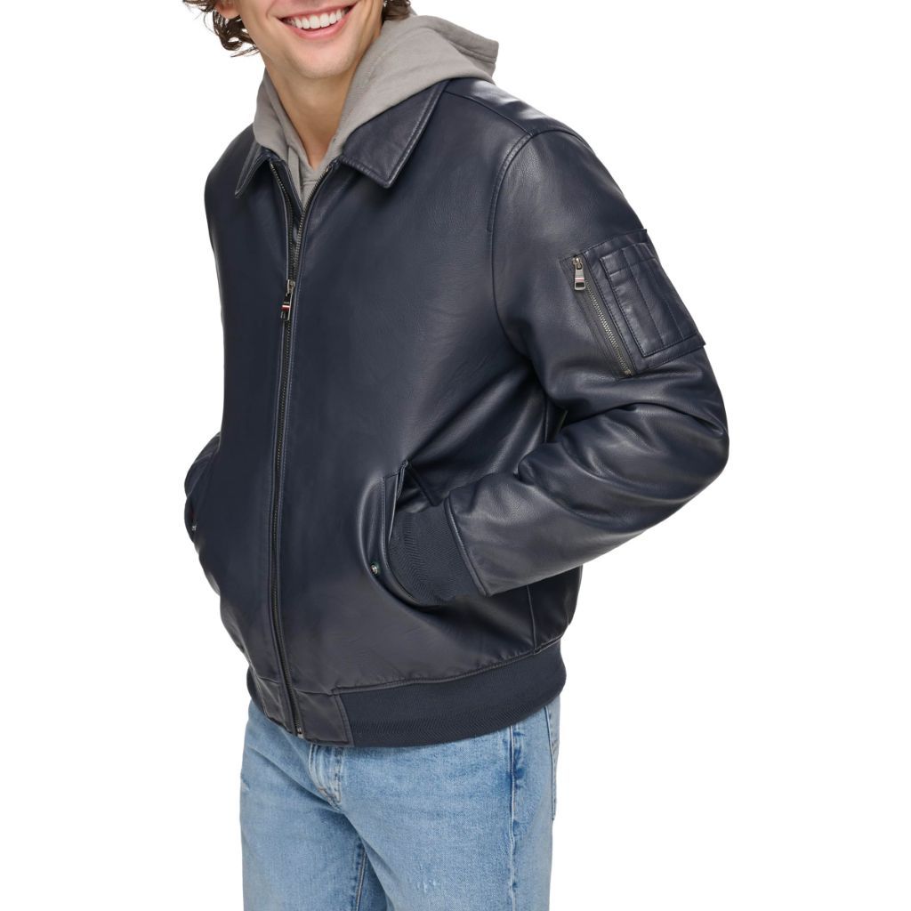 Tommy Hilfiger Men's Smooth Lamb Touch Faux Leather Unfilled Bomber, Navy Laydown Collar, X-Large