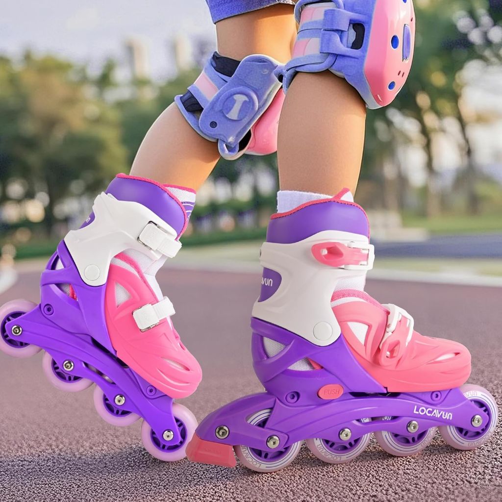 LOCAVUN Girl's Inline Skates with 4 Size Adjustable Light up Wheels - Pink/Purple, Medium - (US 13C-3Y)